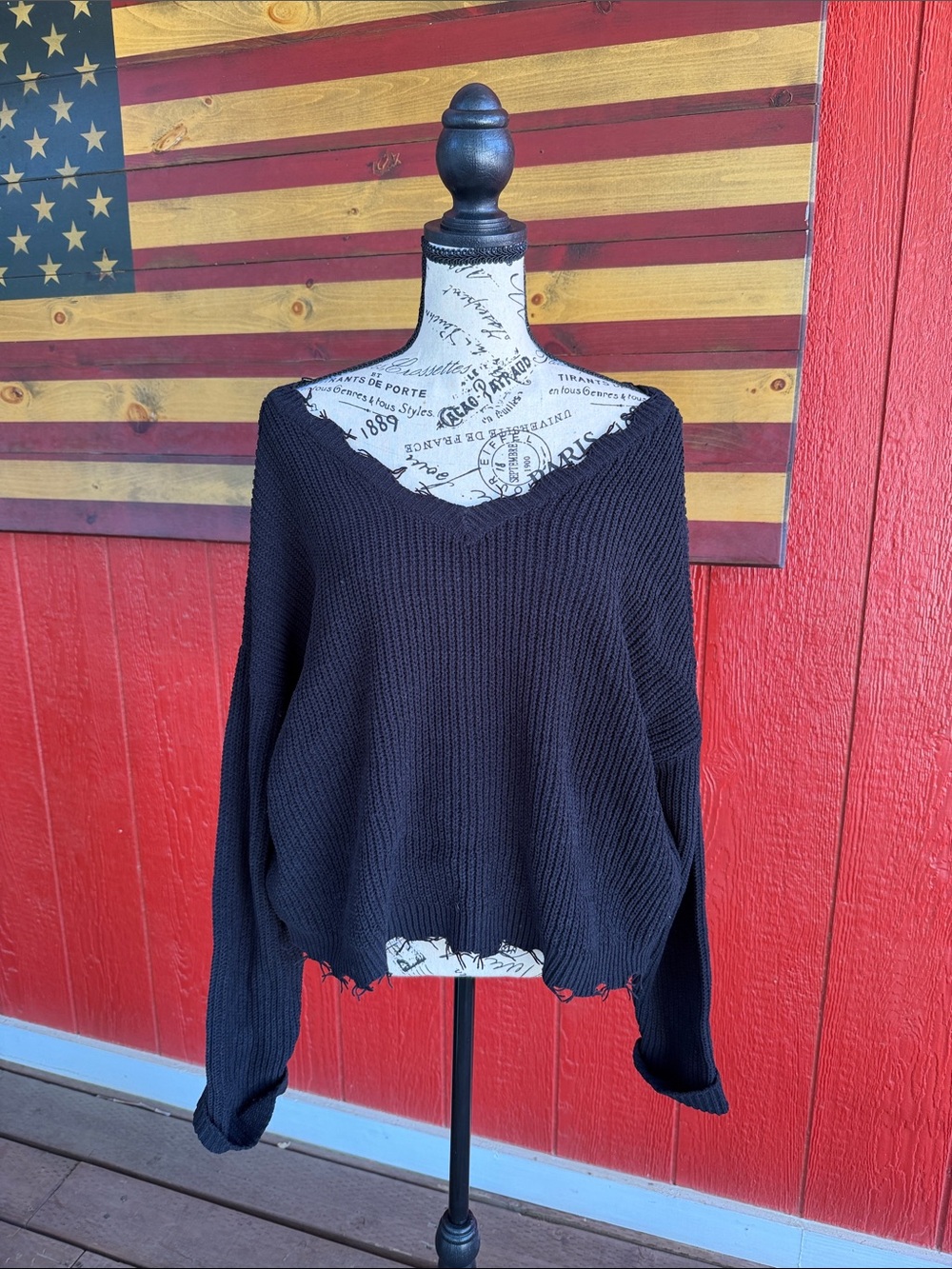 miami Off-the-Shoulder Black V-Neck Knit Sweater - Picture 2 of 3